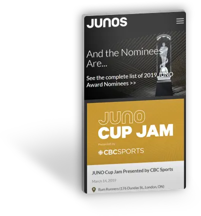 JUNO Fan Choice Awards website interface created by blackDot.ca